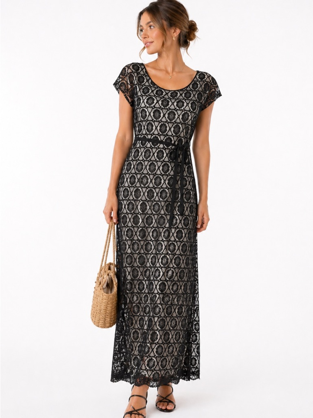 Black Lace Maxi Dress Belted Boho Coastal Cottagecore Size 8